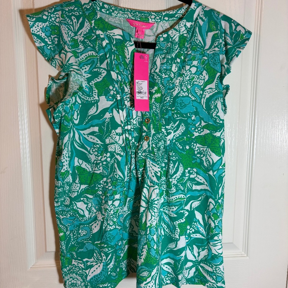 Lilly Pulitzer Golda Top Botanical Green Safari Sangria